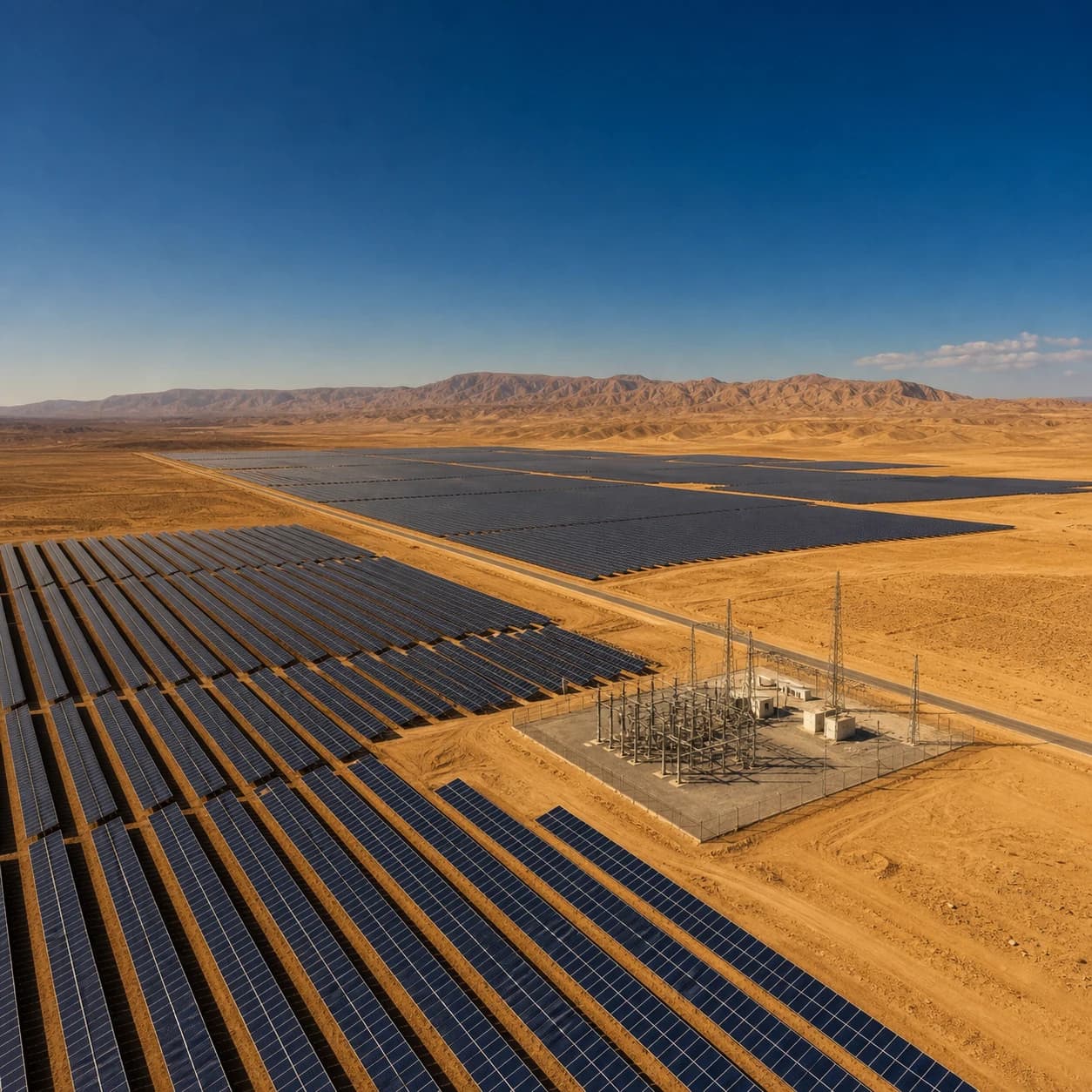 Utility-scale solar infrastructure across an arid landscape
